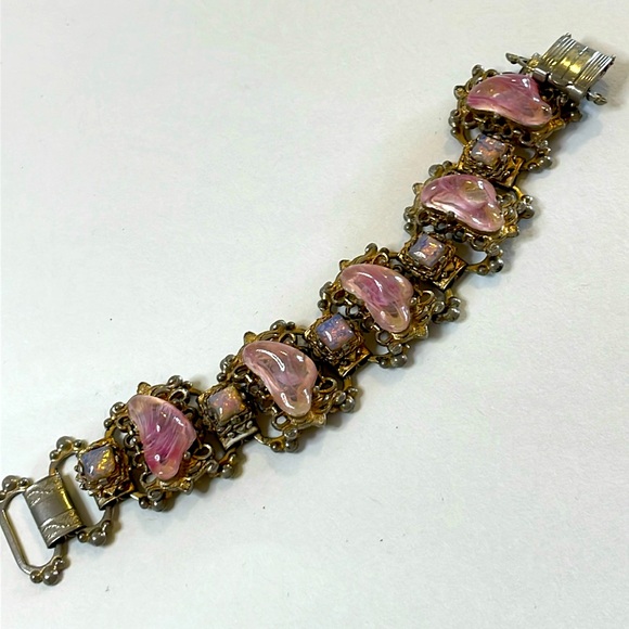 Vintage Unsigned Jewelry - Vintage Book Chain Victorian Revival Pink Glass Brass Bracelet